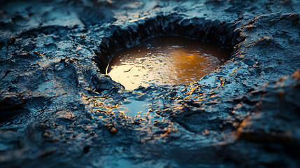 Close-up of a muddy puddle reflecting warm light amidst textured earth, evoking nature's beauty