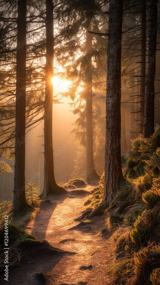 Poster a serene forest path illuminated by golden sunlight, surrounded by tall trees and soft mist, creatin