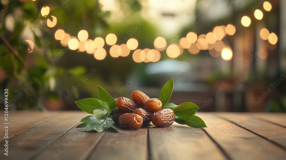 Aufkleber fresh dates cluster on wooden table with bright lighting and blurred background creating ample copy 