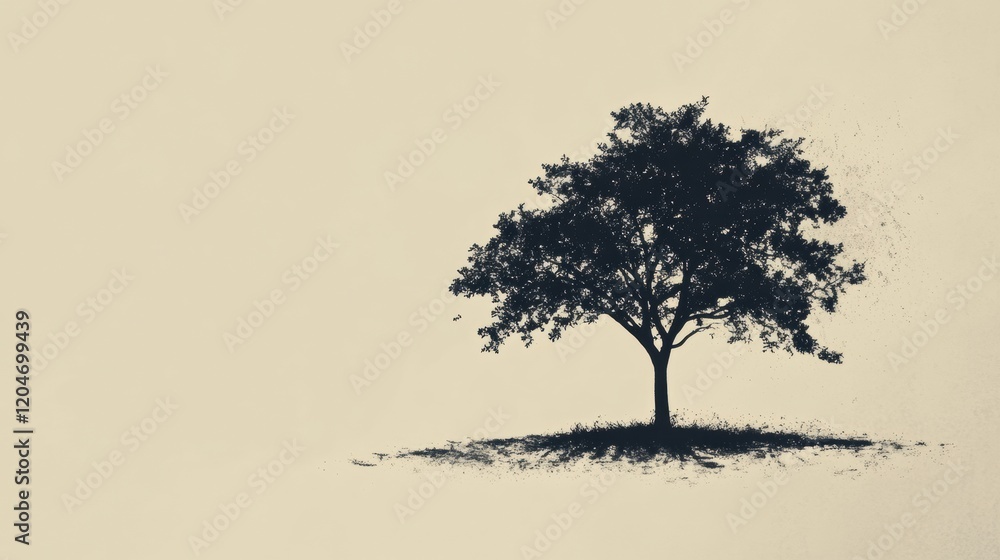 Poster Lonely tree standing on a small hill under soft lighting in a minimalistic setting during early evening hours. Generative AI
