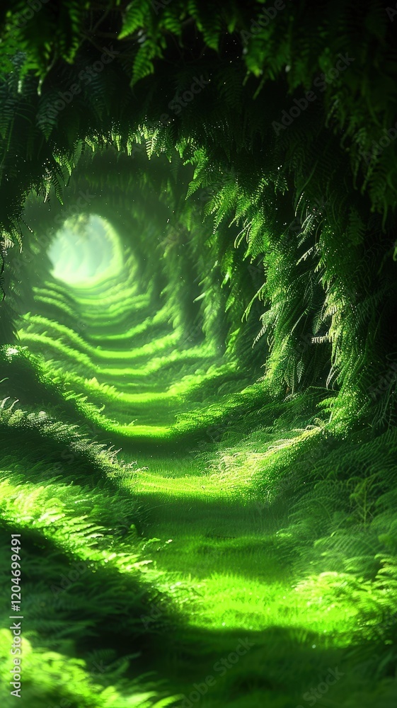 Poster a vibrant green tunnel in a lush forest, illuminated by soft light, creating a serene and enchanting