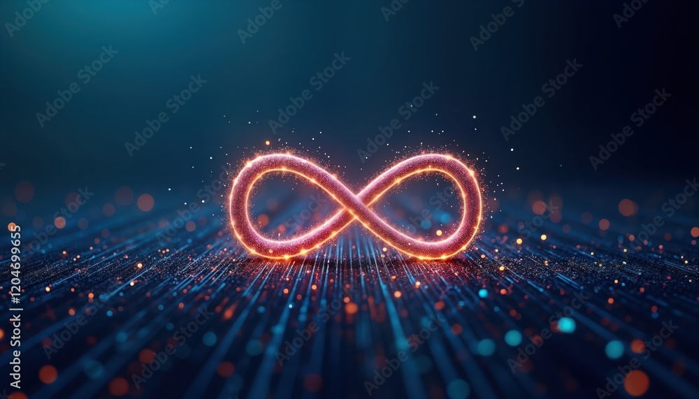 Poster Glowing infinity symbol represents endless information flow in artificial intelligence. Dynamic data points, lines create futuristic tech design. Vibrant colors on dark blue background. Visualizes