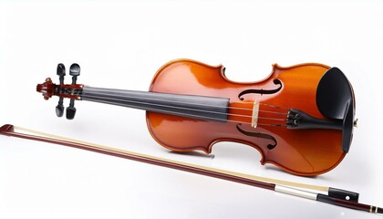 A classic violin and bow on a white background.