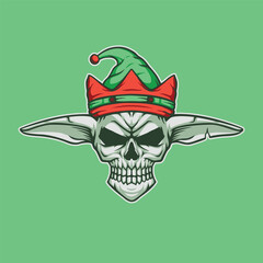 An elf skull with long ears wearing a hat