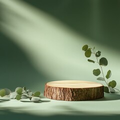 3d render of podium on green background with eucalyptus leaves