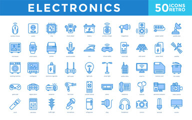 Electronics icon set with wireless mouse, socket, chip, music player, battery, wireless charger, megaphone, speaker, power socket, satellite dish icon. Simple retro vector 
