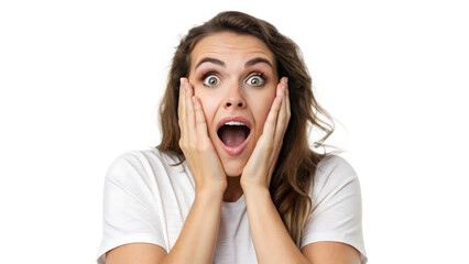 A woman with wide eyes and an open mouth, hands on her cheeks in a shocked expression. The solid white background keeps the focus on her surprised reaction