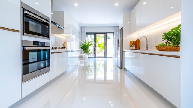 Modern Sleek Kitchen Interior with Open Layout and Bright Lighting