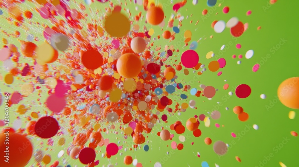 Poster abstract background with a dynamic burst of colorful spherical shapes on a green canvas