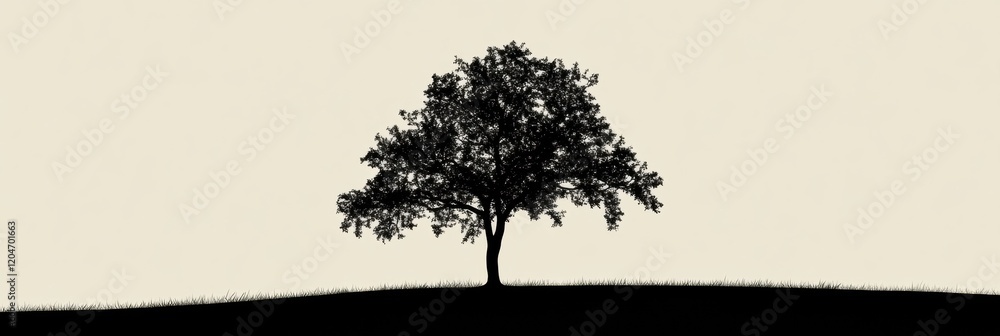 Fototapete silhouette of a lonely tree against a light background with a gentle hill and grass at dusk. generat