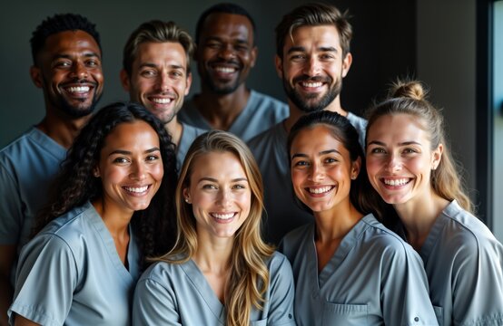Group portrait of diverse happy medical professionals. Teamwork, collaboration evident in friendly smiles. Likely standing in hospital clinic. Appear to professionals, focused on care, support. Image