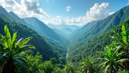 Panoramic view of Jamaican valley. Rich green mountains surround valley with river. Rich foliage blankets hillsides. Trees, banana palms prominent features. Clear sky, bright sunlight highlight
