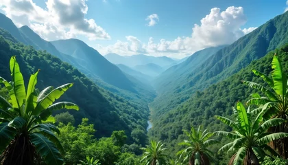 Fototapete Rund Panoramic view of Jamaican valley. Rich green mountains surround valley with river. Rich foliage blankets hillsides. Trees, banana palms prominent features. Clear sky, bright sunlight highlight © miss irine