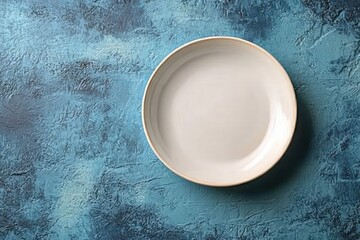 Minimalist still life white plate on textured blue background with soft natural lighting and gentle...