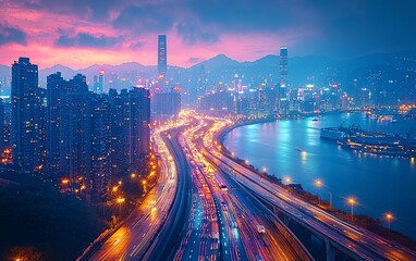 Vibrant cityscape at twilight, showcasing a coastal highway with dense traffic and illuminated skyscrapers.