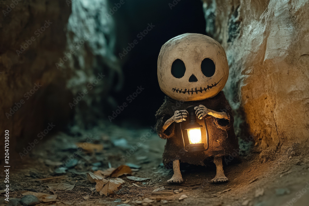 Poster skeleton claymation, a claymation skeleton with a lantern exploring in high fidelity, showcasing a u