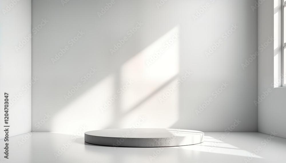 Poster Empty gray podium in minimalist studio setting. Sunlight casts shadows on white walls, white floor. Modern interior design. Suitable for product display design template. Abstract light pattern.