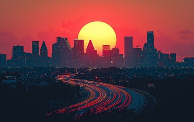 City skyline at sunset with highway.