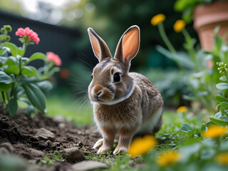 Fototapeta premium A rabbit in a vibrant garden surrounded by colorful flowers