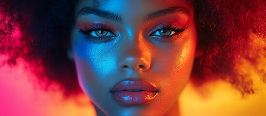 Neon Portrait: A Woman's Face Illuminated in Vivid Hues