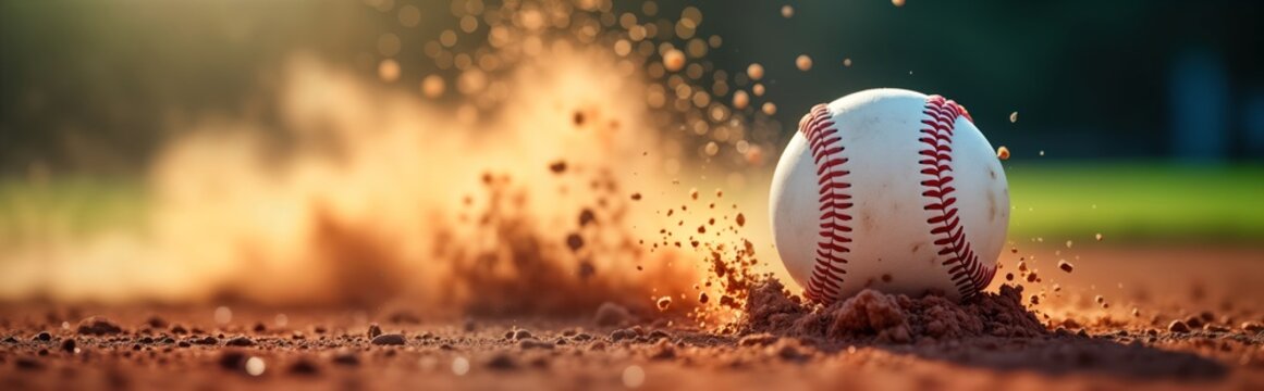 Baseball ball hits ground. Dust and dirt splash around. Dynamic action shot. Athletic sport concept. Outdoor scene. Sunny day. Professional game. Competition. Team play.