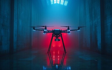 Drone in a dark, futuristic, neon-lit corridor.
