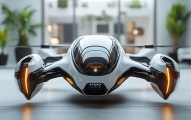 Futuristic white drone car in modern home.