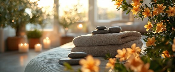Spa treatment setup with towels, stones, and flowers.