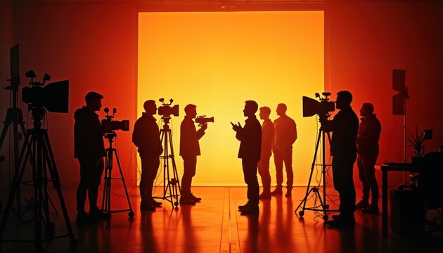 Film crew in studio. Director interacts with person. Camera operators, light technicians work. Pro video production setup. TV commercial making process. Studio setting with orange background. Team