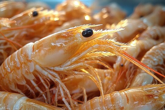Fresh Shrimp Close-Up Hyper-Realistic Seafood Market Natural Light Details Textures