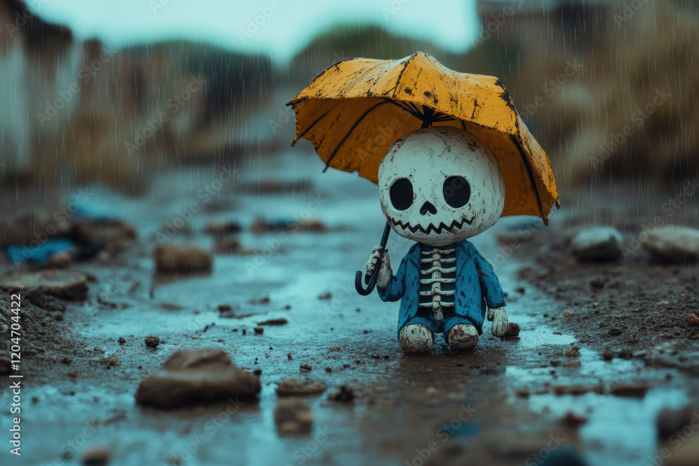 Poster skeleton claymation, a claymation skeleton character with an umbrella, captured in high fidelity, de