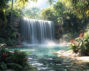 Lush tropical waterfall cascading into a serene pool. (1)