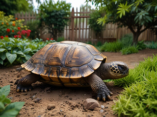 Fototapeta premium A tortoise in a vibrant garden surrounded by colorful flowers. Close-up view of the tortoise's textured shell and natural setting in a sunny environment