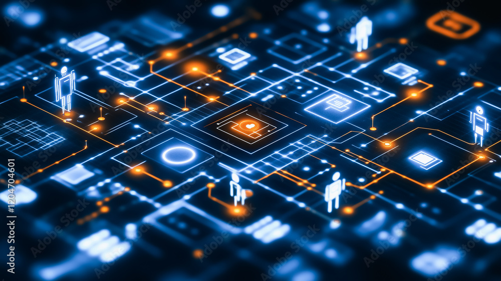 Poster connected network: a mesmerizing abstract visualization of a digital network, featuring glowing circ
