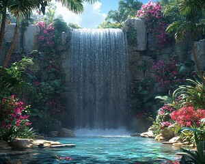 Lush tropical waterfall cascading into a tranquil pool, surrounded by vibrant pink flowers and green foliage.