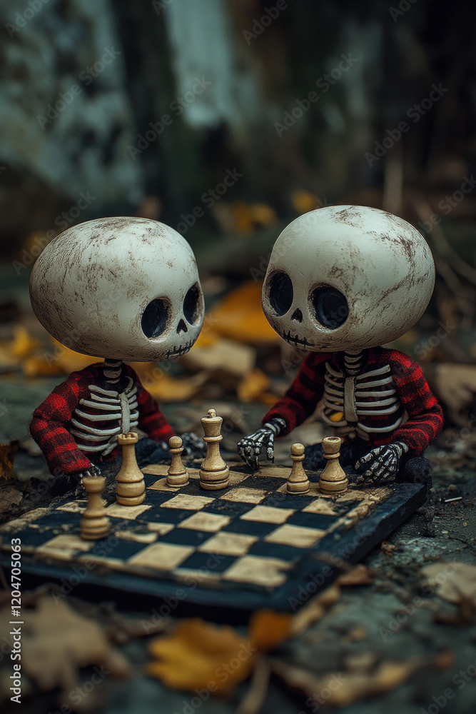 Poster skeleton claymation, a claymation skeleton engages in a chess game with another skeleton, showcasing