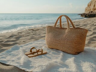 A straw tote bag and tan sandals placed on a white beach blanket against the backdrop of the ocean creates a relaxed, summer vibe with a natural and minimalist feel.