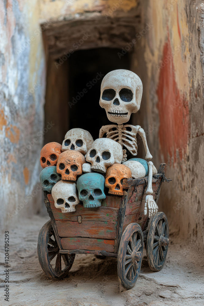 Poster skeleton claymation, a claymation skeleton is pulling a wagon filled with items in this high-fidelit