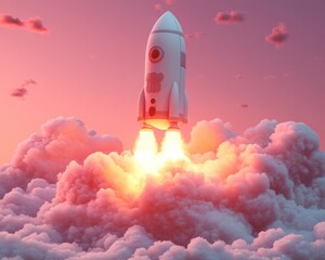 Fototapeta premium Whimsical Rocket Launching from Clouds in Soft Pastel Colors with Dramatic Lighting