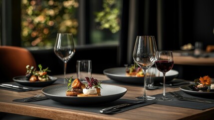 Fototapeta premium Close-up food photography elegant three-course dinner in a cozy dining setting