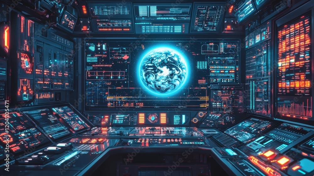 Aufkleber digital environment close-up of a futuristic control center with glowing interfaces