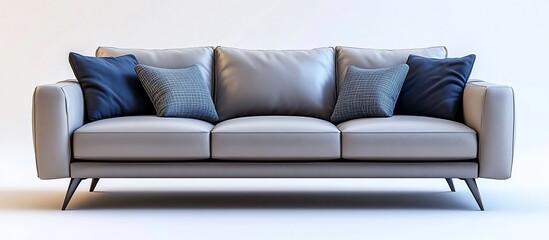 Elegant Grey Leather Sofa with Blue and Grey Pillows