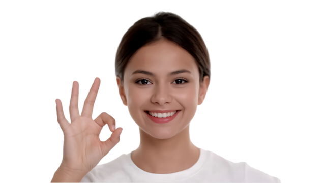 A person making the 'OK' sign with their fingers, forming a circle with the thumb and index finger while smiling. The solid white background ensures clarity
