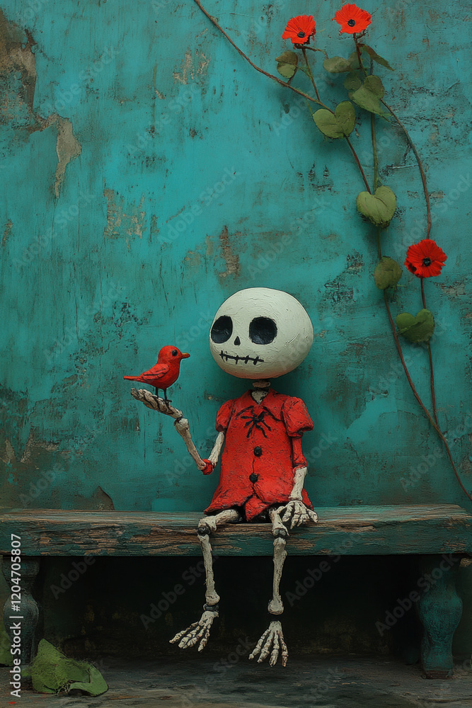 Poster skeleton claymation, a whimsical claymation skeleton sits on a bench, playfully feeding something, s