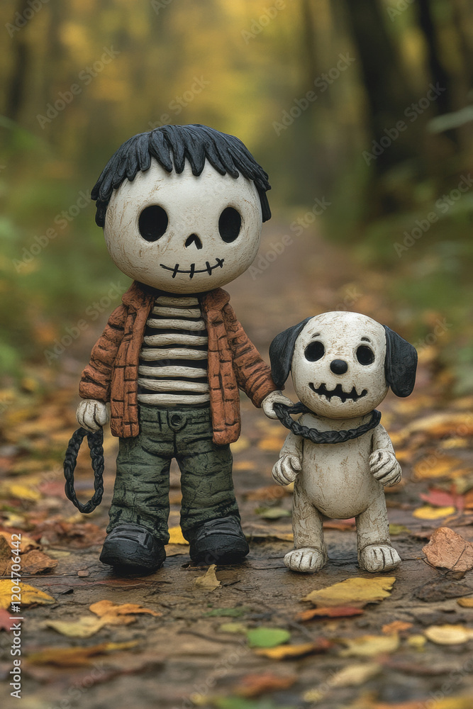 Poster skeleton claymation, a claymation image featuring a skeleton walking a skeleton dog, showcasing high