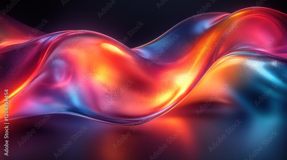 Poster Iridescent Abstract Background Design with Curved Metallic Surfaces Reflecting Colors in 3D Render