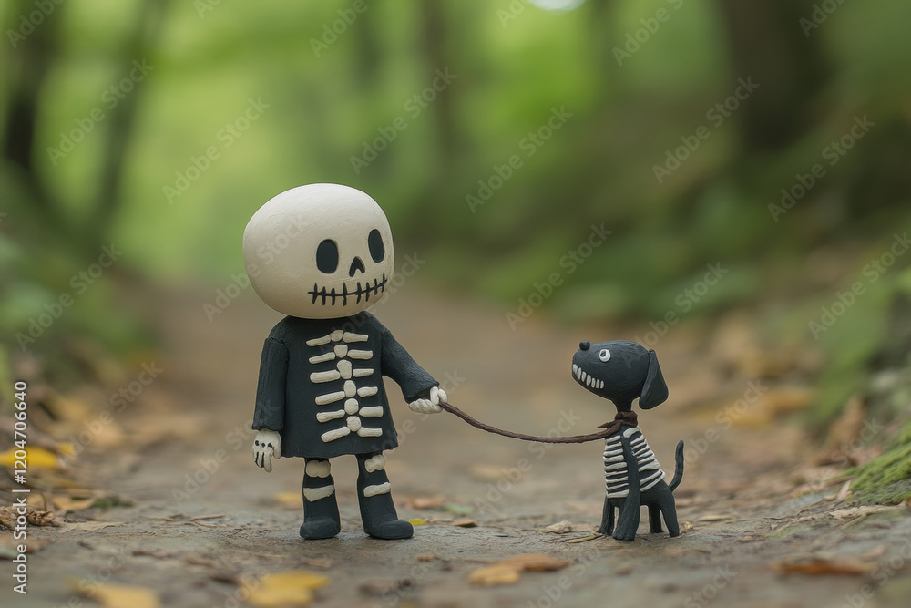 Poster skeleton claymation, a claymation scene featuring a skeleton walking a skeleton dog, rendered in hig