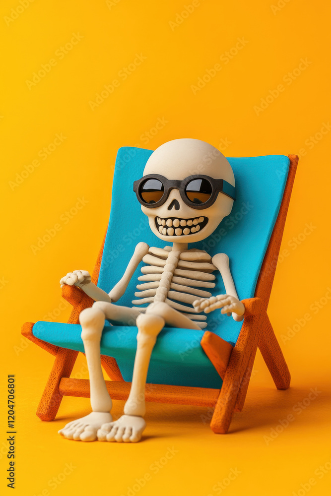 Poster skeleton claymation, a claymation skeleton character wearing sunglasses in a relaxed pose, designed 