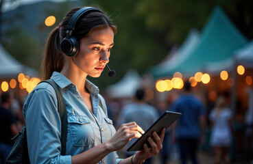 Woman event manager in outdoor setting uses tablet to organize festival. Wears headphones, microphone. Face conveys stress, concentration in evening during festival. Seems to important task to