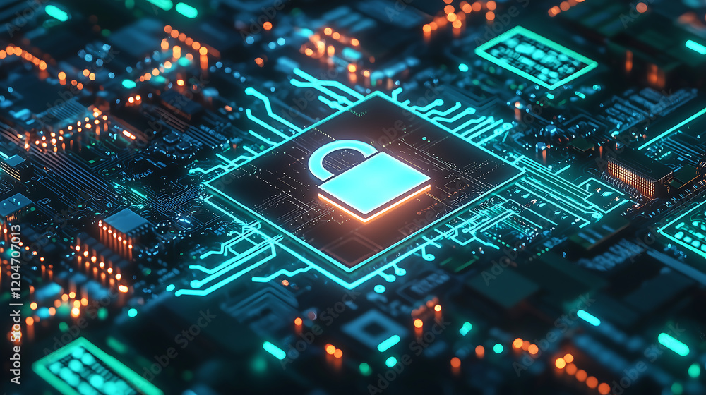 Poster cybersecurity digital lock circuit board network data protection